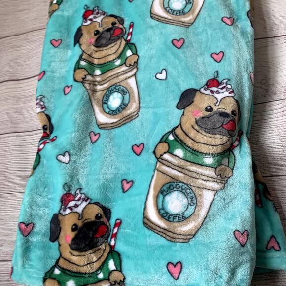 Pickle & Dot Mint Green Pug Dog Throw Blanket Cappuccino Coffee Cup Plush 60x70" - Picture 4 of 16